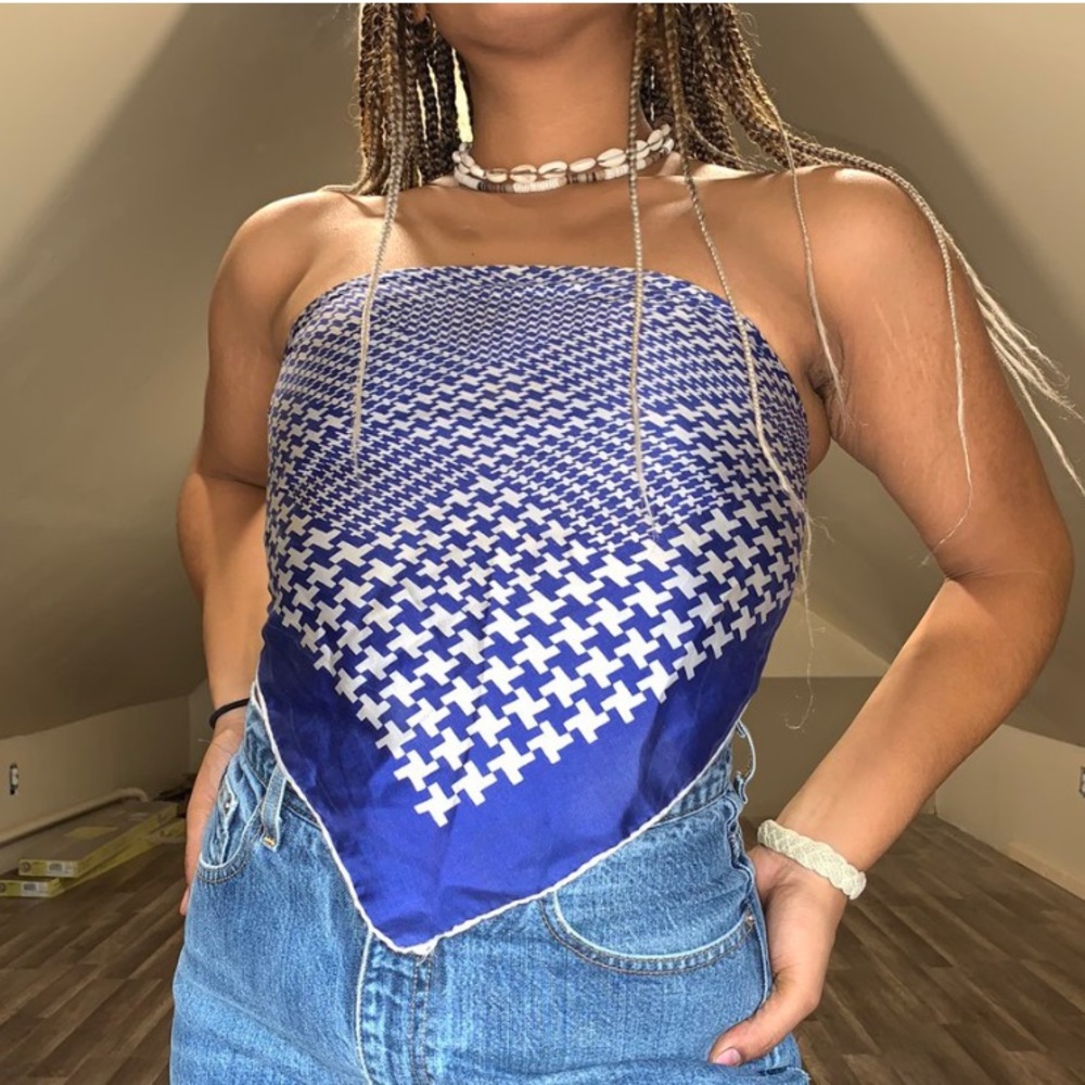 Navy Blue and White Silk Scarf Top
